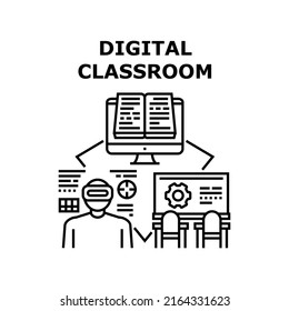 Digital Classroom Vector Icon Concept. Digital Classroom For Remote Studying And Learning Educational Lesson, Student Using Vr Glasses Electronic Technology For Study Black Illustration