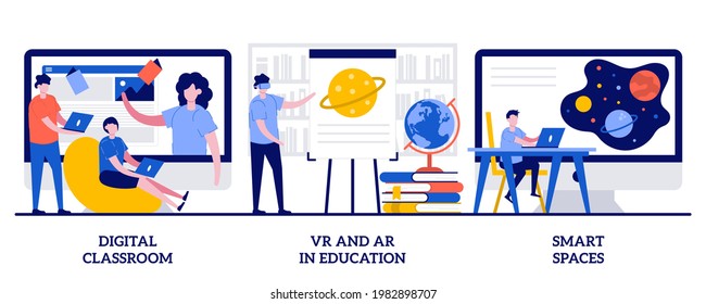 Digital classroom, VR and AR in education, smart spaces concept with tiny people. Interactive learning vector illustration set. Blended learning, virtual reality, technology in education metaphor.