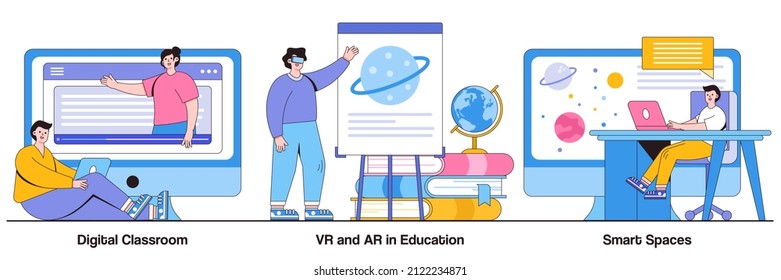 Digital classroom, VR and AR in education, smart spaces concept with people character. Interactive learning vector illustration set. Blended learning, virtual reality, education technology metaphor.