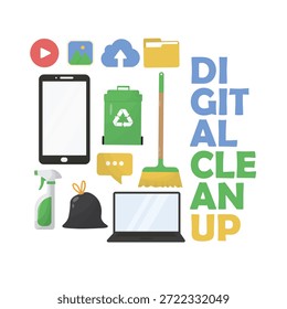 Concepto de limpieza digital con iconos ecológicos. Perfecto para la higiene tecnológica, limpieza de datos o temas eco digitales. Responsable digital. Informática ética. Título del día de limpieza digital. Ilustración vectorial