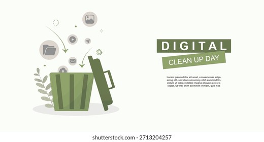 Digital clean up day banner concept. Green trash bin, multimedia icons and bold typography, ideal for eco-friendly tech campaigns, business, marketing and web promotions. Vector illustration
