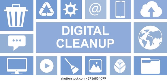 Banner de limpeza digital com tecnologia branca e ícones de reciclagem, simbolizando a desconcentração on-line e hábitos digitais sustentáveis para campanhas na Web. Conceito de sobriedade digital. Ilustração vetorial