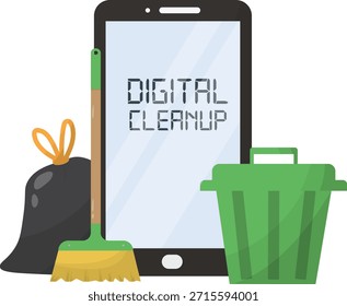 Conceito de Limpeza Digital com Smartphone e Ferramentas isoladas no fundo transparente. Ideal para organização técnica, manutenção de dispositivos ou temas de gerenciamento de dados. Limpeza digital. Ilustração vetorial