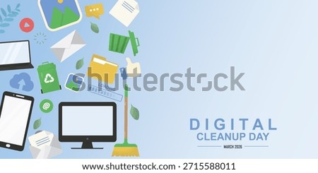 Digital Cleanup Day Banner with Devices and Files. Digital Cleanup March 2026 banner.  Perfect for environmental awareness and data management campaigns. Digital pollution. Vector illustration