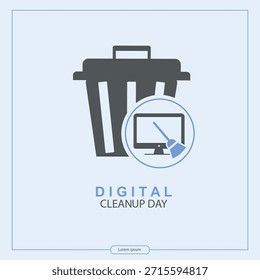 Digital cleanup day card. digital cleanup day square design with large trash bin and computer monitor cleaning icon ideal for campaign badges and social posts. Cleanup digital data.Vector illustration