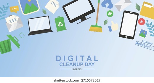 Borde de dispositivos de limpieza digital. Fondo de día de limpieza digital plana con computadoras portátiles dispersas, teléfonos inteligentes, papeleras, carpetas, correos electrónicos y herramientas de limpieza centradas. Ilustración vectorial