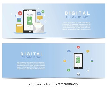 Folhetos de dia de limpeza digital. Conjunto de dois flyers de dia de limpeza digital plana. promover um ambiente digital mais limpo e mais organizado, ideal para negócios e marketing. Ilustração vetorial