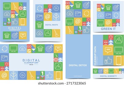 kit de layout de dia de limpeza digital com ícones e títulos coloridos de tecnologia, como desintoxicação digital, resíduos digitais e TI ecológica, perfeito para campanhas de impressão ou Web sustentáveis. Ilustração vetorial