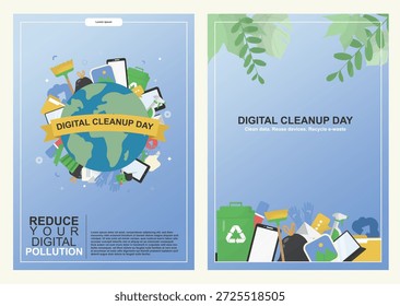 Pôster do Dia da Limpeza Digital definido. Modelo de cartaz em design de dois painéis promovendo a sustentabilidade ecológica, negócios sustentáveis e evento de dia de limpeza digital. Tecnologia verde. estilo plano. Ilustração vetorial