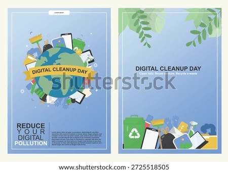 Digital Cleanup Day Poster set. Poster template in two-panel design promoting eco sustainability, sustainable business and digital cleanup day event. Green technology. flat style. Vector illustration