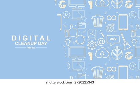 Anuncio de iconos tecnológicos del Día de la Limpieza Digital de marzo de 2026. Perfecto para campañas digitales de desorden y sostenibilidad. Concepto de contaminación digital. Día mundial de la limpieza digital. detox. Ilustración vectorial