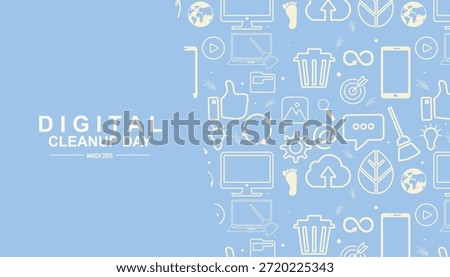 Digital Cleanup Day tech icons banner March 2026. Perfect for digital declutter and sustainability campaigns. Digital pollution concept. World digital cleanup day. detox. Vector illustration