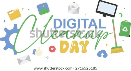 digital cleanup day title with eco friendly icons, recycling bin, broom and computer symbols for environmental awareness campaigns and web communication. Isolated. Cleanup data. Vector illustration