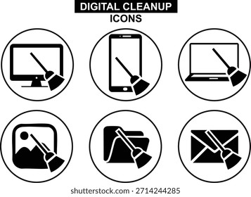 Dispositivo de limpieza digital e iconos de datos. Conjunto de seis iconos de limpieza digital negro ideal para App e interfaces. Concepto del Día Mundial de la Limpieza Digital. Despeja Tus Dispositivos. Ilustración vectorial