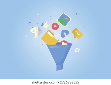 Funil de limpeza digital Organizando arquivos e conteúdo. Perfeito para projetos de gerenciamento de dados, despoluição e organização digital. Sobriedade digital e sustentabilidade corporativa. Ilustração vetorial
