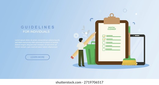Lineamientos de limpieza digital para Anuncio individual. hombre que comprueba la lista de verificación de limpieza digital en el Portapapeles con papelera de reciclaje, escoba y teléfono inteligente. Lineamientos de datos individuales. Ilustración vectorial
