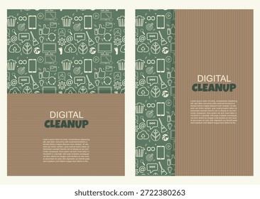 Conjunto de carteles de limpieza digital con iconos de tecnología ecológica y espacio de texto a rayas, perfecto para campañas de sostenibilidad, informes y Anuncios de Web. Afiches éticos digitales y verdes de TI. Ilustración vectorial
