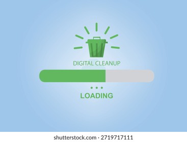 Barra de progreso de limpieza digital. Papelera de reciclaje verde y barra de progreso que simbolizan el proceso de limpieza digital y de archivos. Para conceptos de tecnología, gestión de datos u optimización. Ilustración vectorial