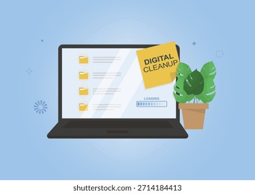 Progresso da limpeza digital no notebook. Tela do laptop mostrando a lista de pastas, lembrete de nota adesiva e barra de carga. Dia mundial da limpeza digital. Excluir arquivos. Design plano. Ilustração vetorial