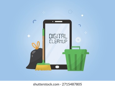 Smartphone de limpeza digital com lixeira. Conceito de limpeza digital plana com smartphone exibindo texto, lixeira verde, vassoura e saco de lixo ideais para armazenamento e privacidade. Ilustração vetorial