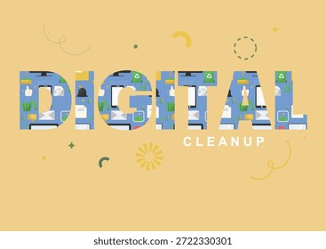 Tipografia de Limpeza Digital com Ícones e Decorações. Organização tecnológica, higiene de dados ou conceitos de sustentabilidade. conceito de fundo digital responsável. digital ético. Ilustração vetorial
