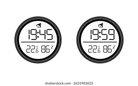 Digital Climate Monitors Showing Time, Temperature, and Humidity Levels in a Modern Black and White Design for Weather Monitoring and Home Automation