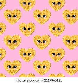 Digital clipart cartoon pattern. Cute heart-shaped Viennese waffle with big eyes smiling. Cute waffle. Flat design.Hand drawn . You can use it as a print on clothes, poster or whatever you want!