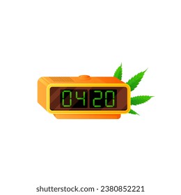 Reloj digital con 4:20 hora y hojas de marihuana de cannabis. Marihuana de cannabis medicinal. CBD para atención médica. Icono plano de dibujos animados.	
