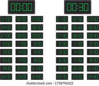 Digital clock all hours of the day. Digital clock set.