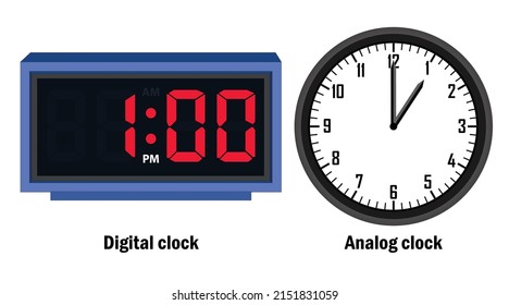 Digital clock and analog clock time 01-00- vector