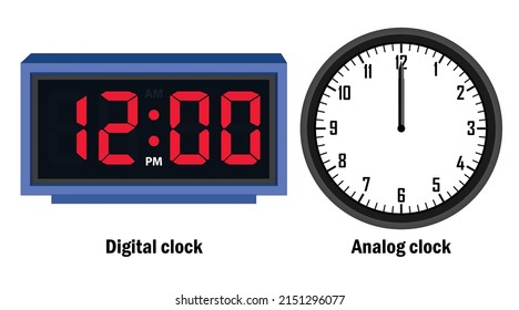 Reloj digital y tiempo de reloj analógico 12-00-P.M vector