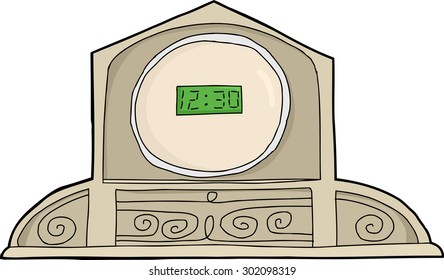 Digital clock in antique mantle frame over white