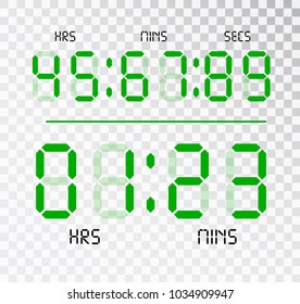 Digital clock. Calculator digital green numbers Isolated. Alarm clock letters. Numbers set for a digital watch and other electronic devices. Vector 10 EPS