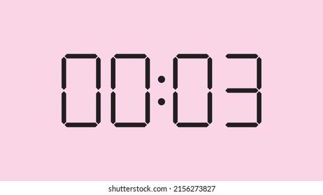 Digital clock close up displaying 00:03 o'clock, am or pm, simple flat black icon vector eps 10
