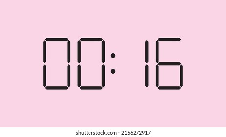 Digital clock close up displaying 00:16 o'clock, am or pm, simple flat black icon vector eps 10