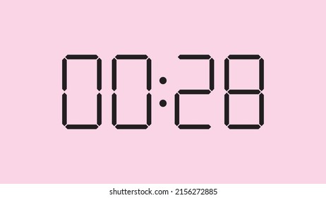 Digital clock close up displaying 00:28 o'clock, am or pm, simple flat black icon vector eps 10
