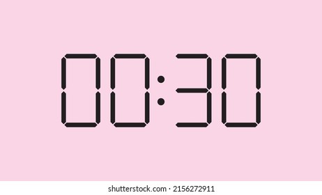 Digital clock close up displaying 00:30 o'clock, am or pm, simple flat black icon vector eps 10
