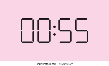 Digital clock close up displaying 00:55 o'clock, am or pm, simple flat black icon vector eps 10