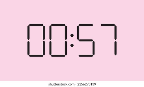 Digital clock close up displaying 00:57 o'clock, am or pm, simple flat black icon vector eps 10