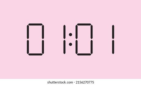 Digital clock close up displaying 1:01 o'clock, am or pm, simple flat black icon vector eps 10