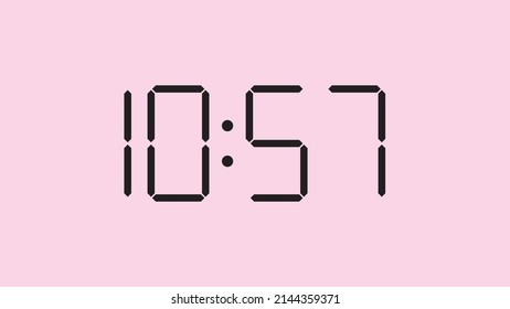 Digital clock close up displaying 10:57 o'clock, am or pm, simple flat black icon vector eps 10