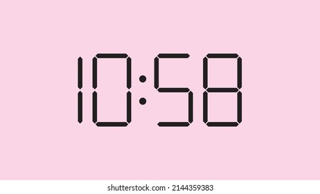 Digital clock close up displaying 10:58 o'clock, am or pm, simple flat black icon vector eps 10