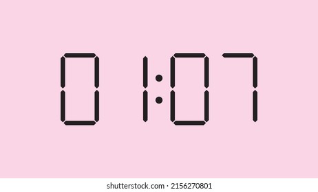 Digital clock close up displaying 1:07 o'clock, am or pm, simple flat black icon vector eps 10