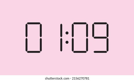 Cierre del reloj digital mostrando 1:09 en punto, am o pm, simple icono plano negro vector eps 10