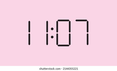 Digital clock close up displaying 11:07 o'clock, am or pm, simple flat black icon vector eps 10