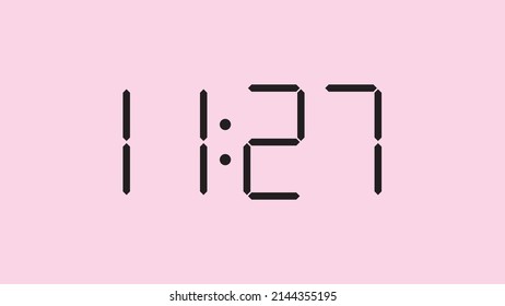 Digital clock close up displaying 11:27 o'clock, am or pm, simple flat black icon vector eps 10