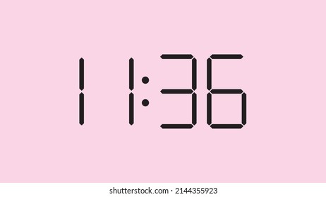 Digital clock close up displaying 11:36 o'clock, am or pm, simple flat black icon vector eps 10