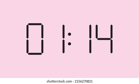 Digital clock close up displaying 1:14 o'clock, am or pm, simple flat black icon vector eps 10