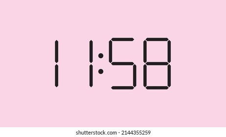 Digital clock close up displaying 11:58 o'clock, am or pm, simple flat black icon vector eps 10