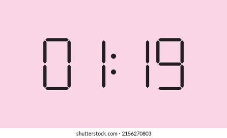 Digital clock close up displaying 1:19 o'clock, am or pm, simple flat black icon vector eps 10